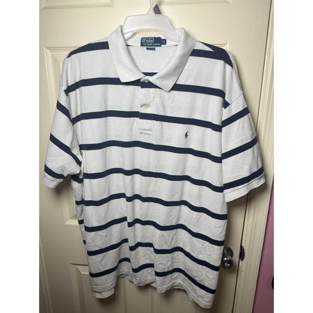 Polo Ralph Lauren Mens 4XL Big White Navy Blue Striped Pique Polo Shirt
